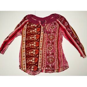 Lucky‎ Brand BOHO FESTIVAL Floral Peasant Top Womens XL Pink Red Crochet Trim
